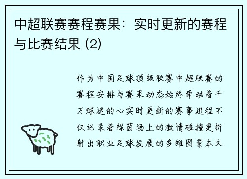 中超联赛赛程赛果：实时更新的赛程与比赛结果 (2)
